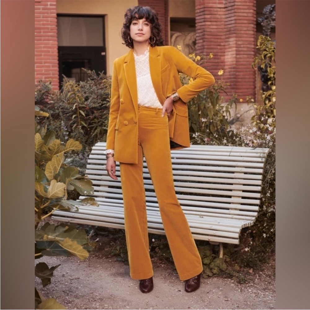 Sezane Mustard Yellow Velvet Blazer & Wide-Leg Pants Set